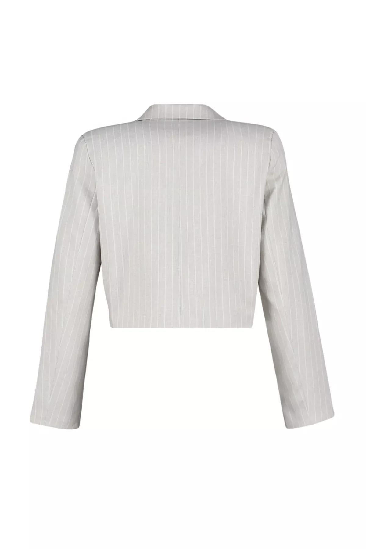 Grey Striped Lapel Collar Blazer, , large image number 7