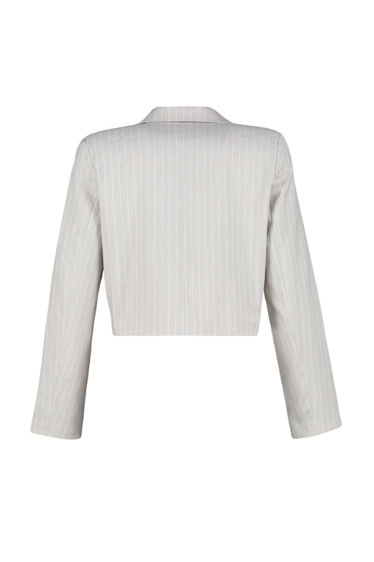 Grey Striped Lapel Collar Blazer, , large image number 7