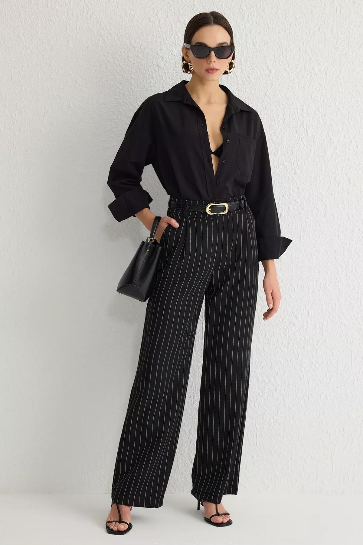 Black Wide Leg Striped Trousers, BLACK, large image number 0
