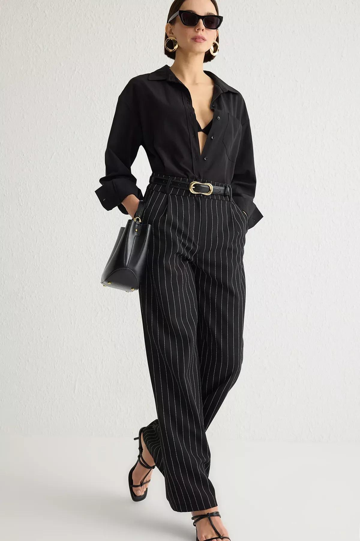 Black Wide Leg Striped Trousers, BLACK, large image number 1