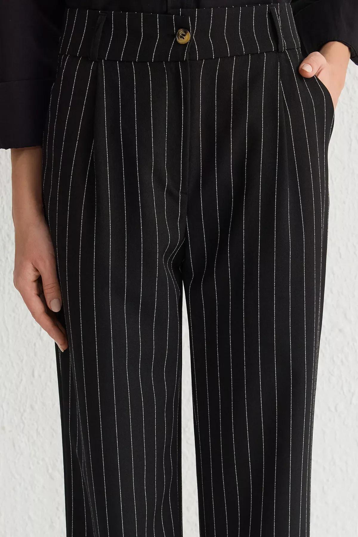Black Wide Leg Striped Trousers, BLACK, large image number 2