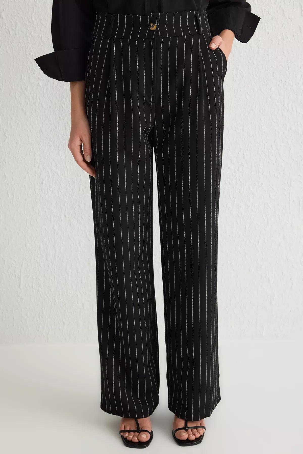 Black Wide Leg Striped Trousers, BLACK, large image number 3