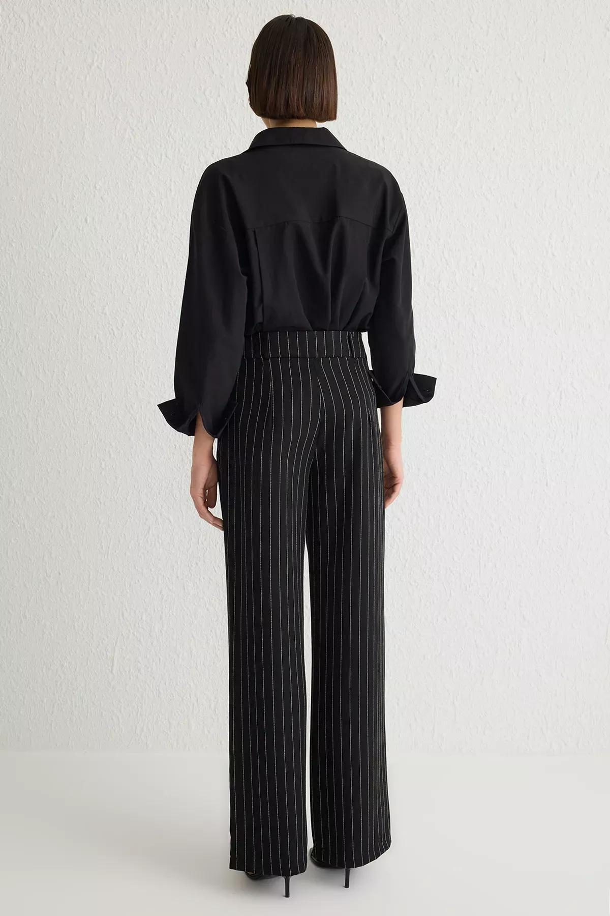 Black Wide Leg Striped Trousers, BLACK, large image number 4