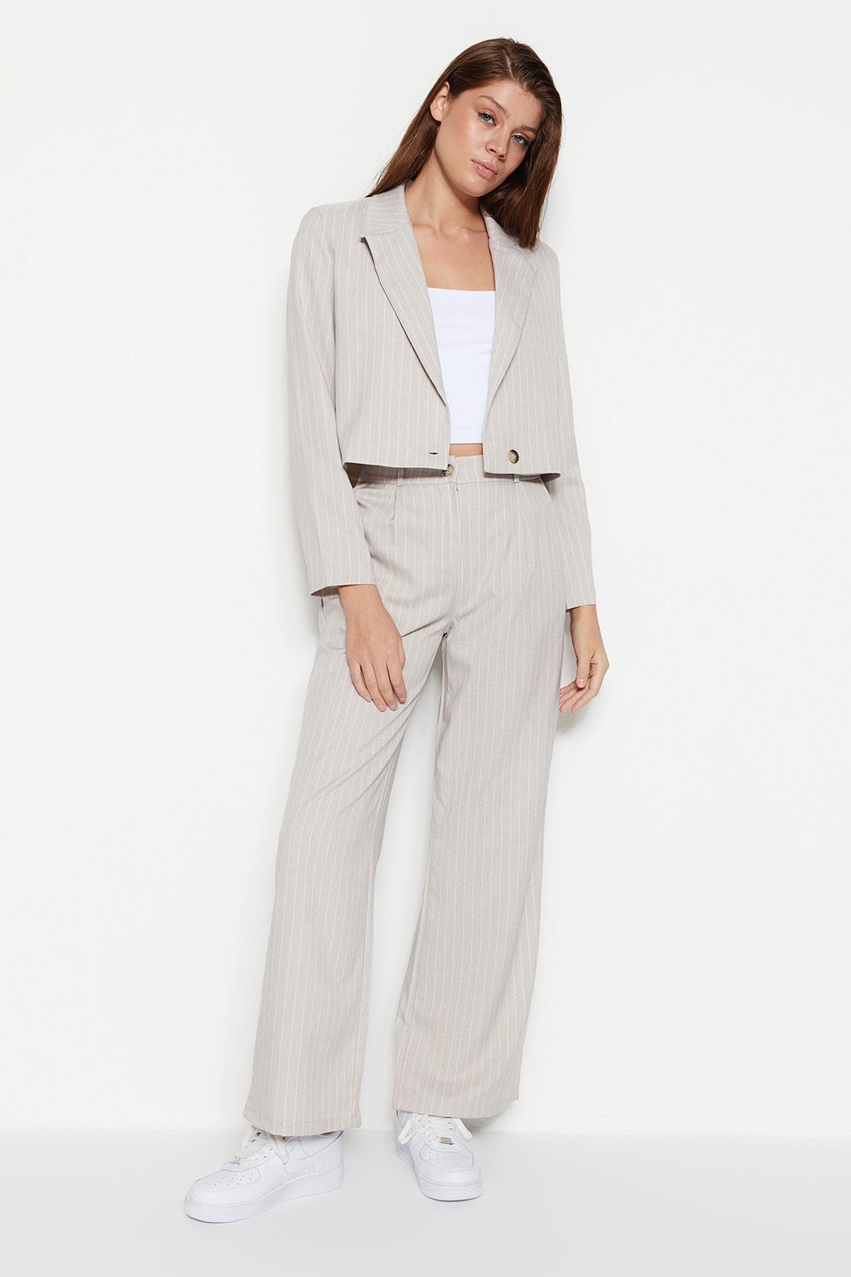 Grey Striped Wide Leg Pants, , large image number 0