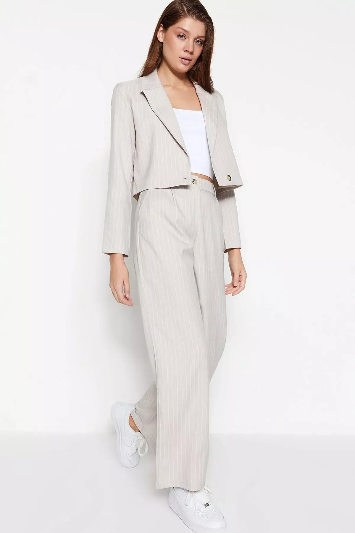 Grey Striped Wide Leg Pants, Gray, medium