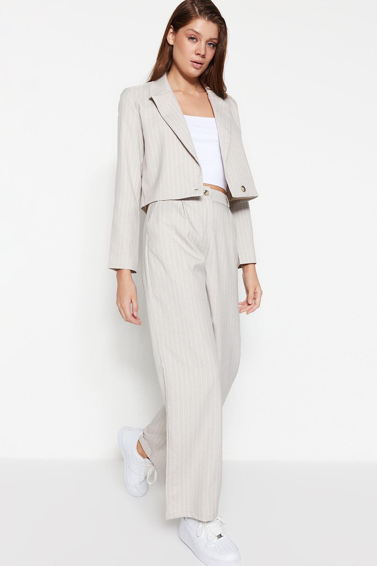 Grey Striped Wide Leg Pants, , large image number 1