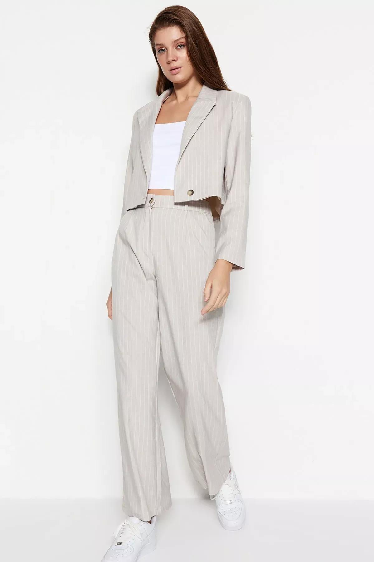 Grey Striped Wide Leg Pants, Gray, medium