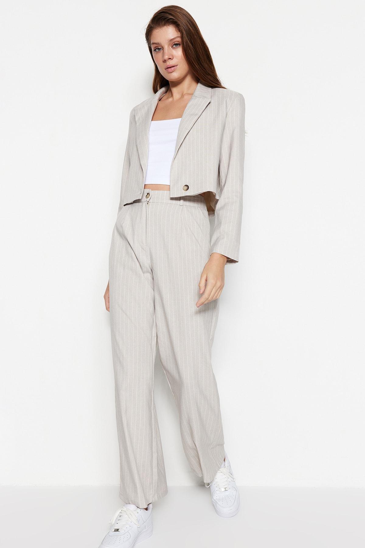 Grey Striped Wide Leg Pants, , large image number 2