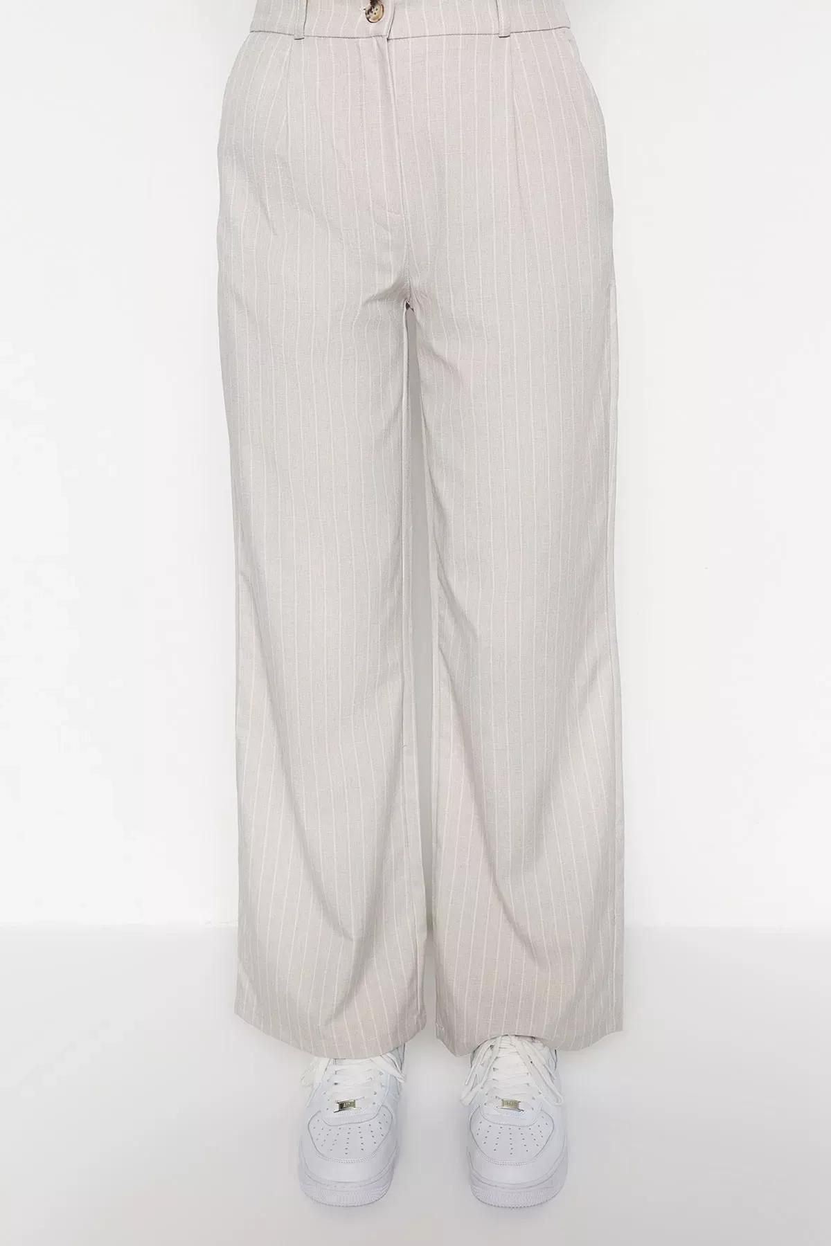 Grey Striped Wide Leg Pants, Gray, large image number 3