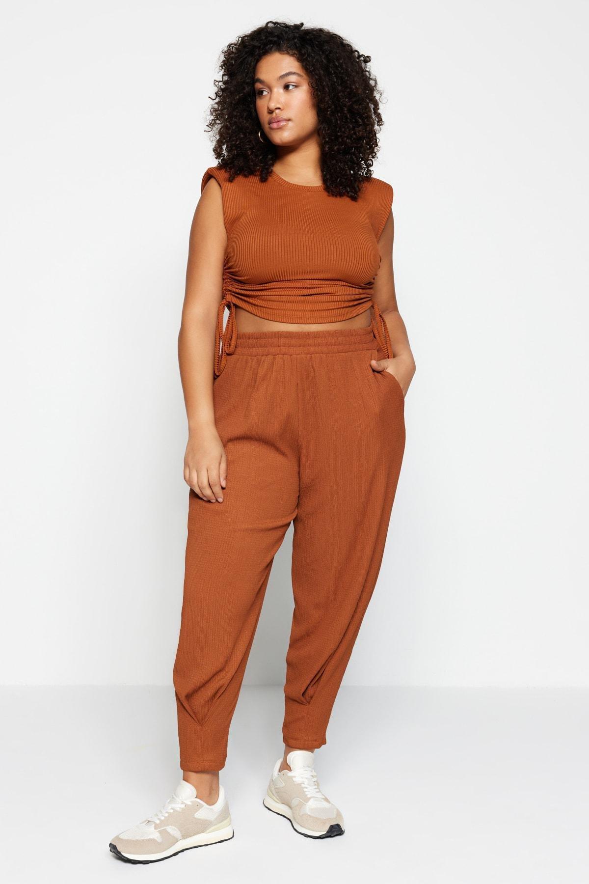 Brown Carrot Pants Plus Size Pants, , large image number 1