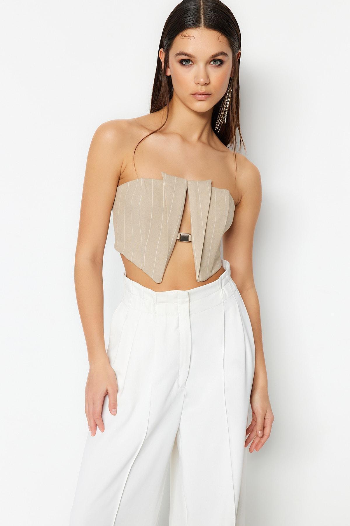 Beige Strapless Crop Top, , large image number 0
