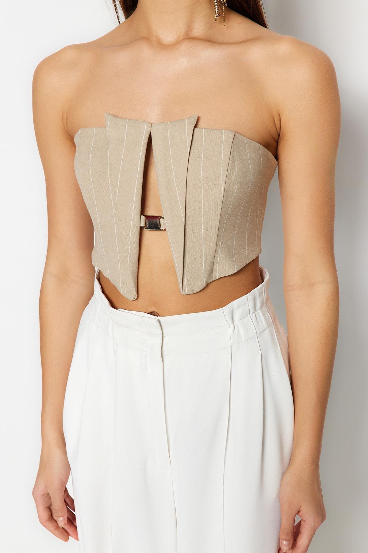 Beige Strapless Crop Top, , large image number 3
