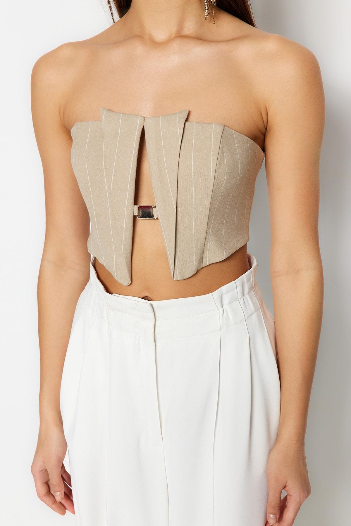 Trendyol - Beige Strapless Crop Top