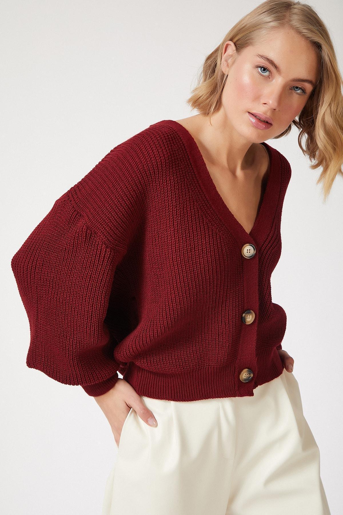 Burgundy V-Neck Buttoned Cardigan, Burgundy, large image number 0