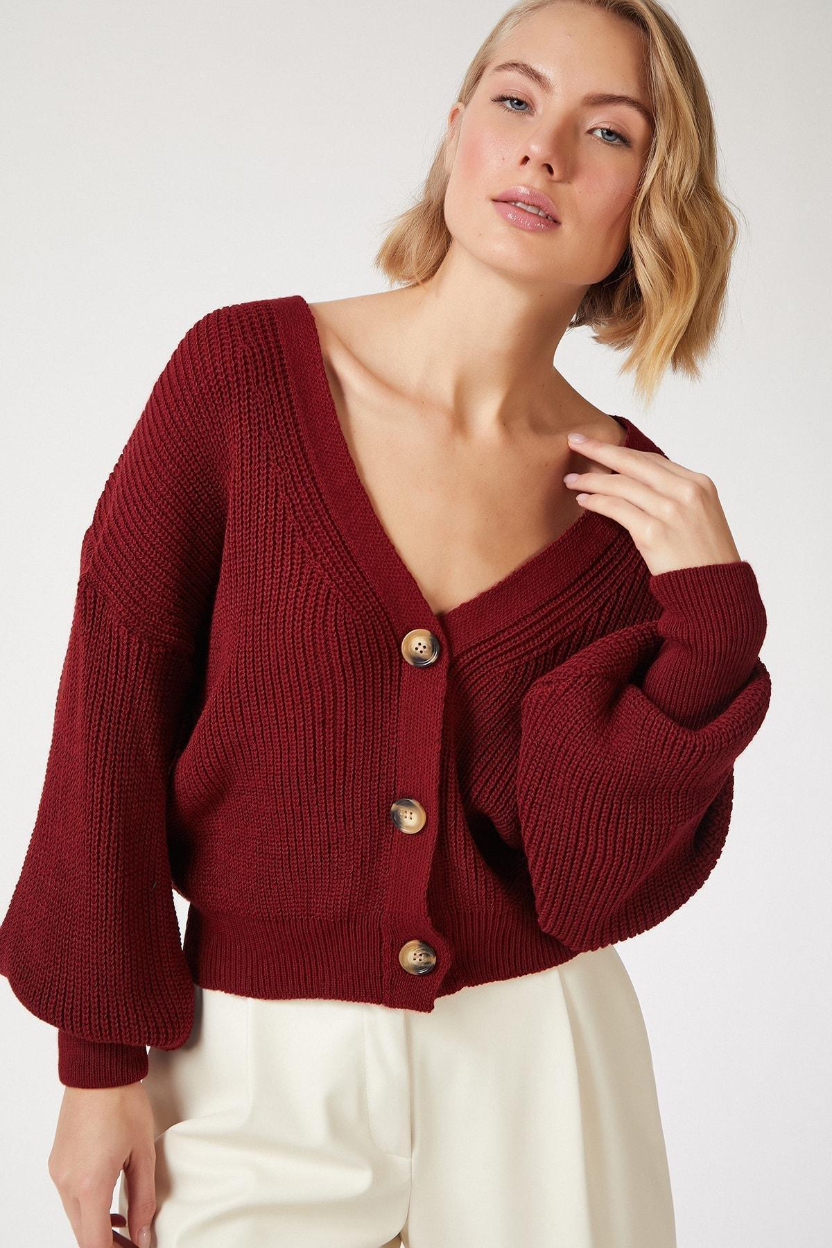 Burgundy V-Neck Buttoned Cardigan, Burgundy, large image number 1