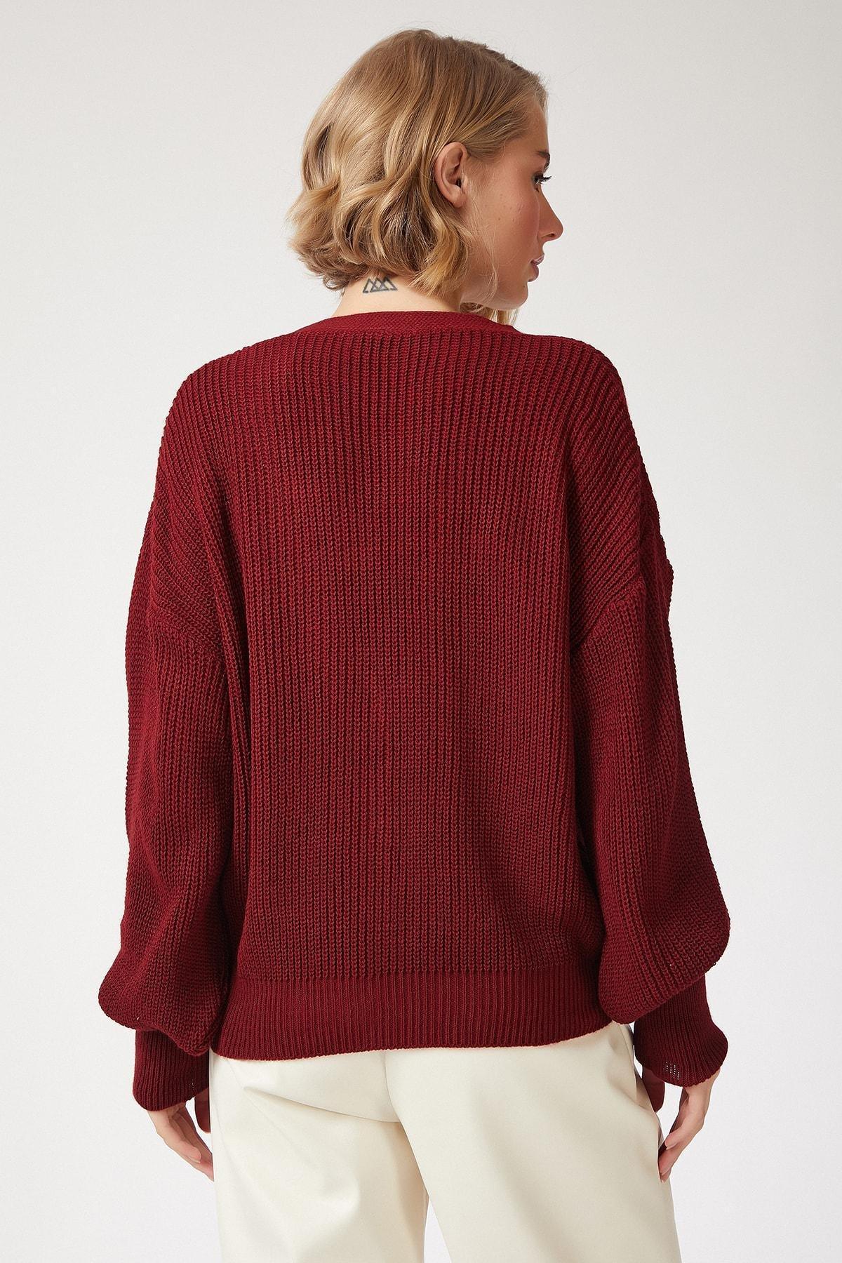 Burgundy V-Neck Buttoned Cardigan, Burgundy, large image number 2