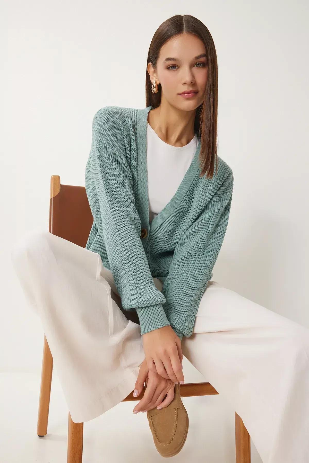 Green V-Neck Buttoned Cardigan, CAGLA GREEN, large image number 1
