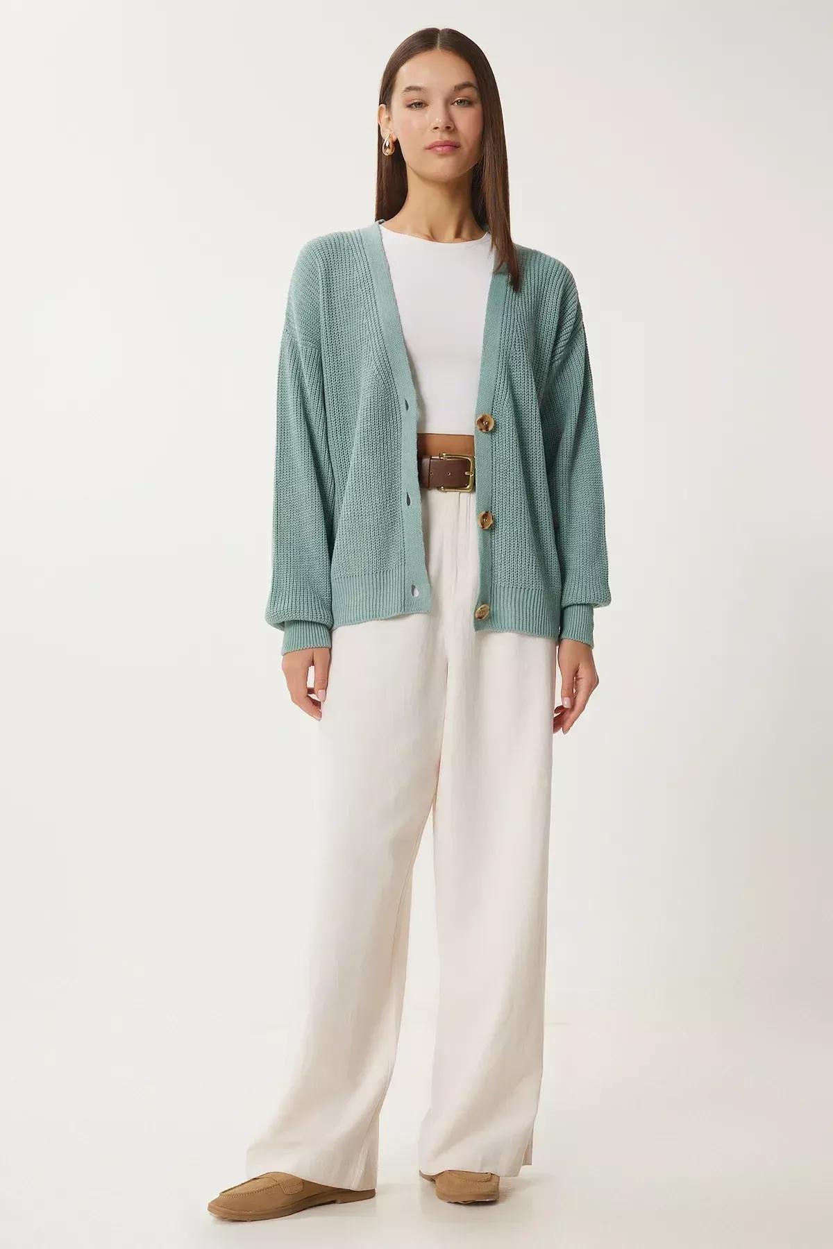 Green V-Neck Buttoned Cardigan, CAGLA GREEN, large image number 2