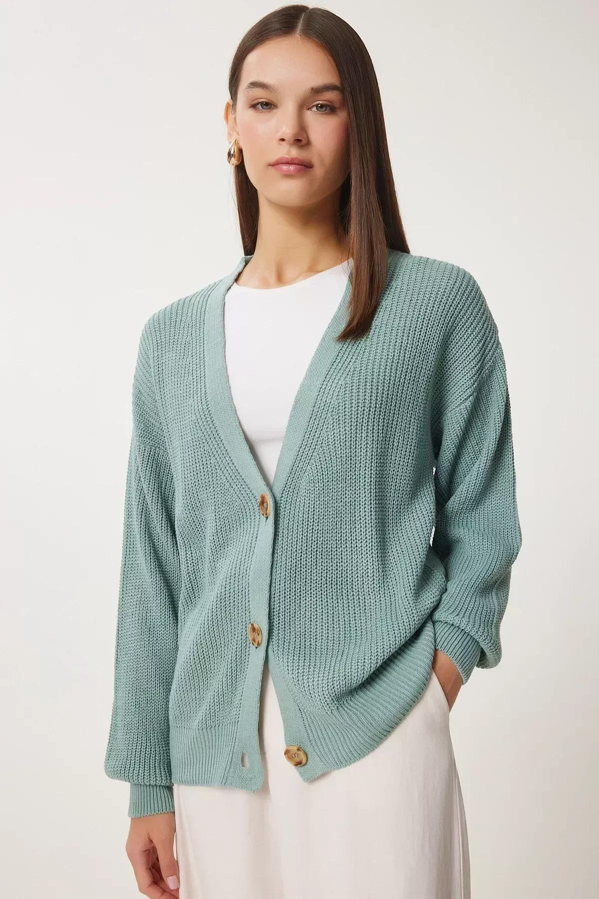 Green V-Neck Buttoned Cardigan, CAGLA GREEN, large image number 3