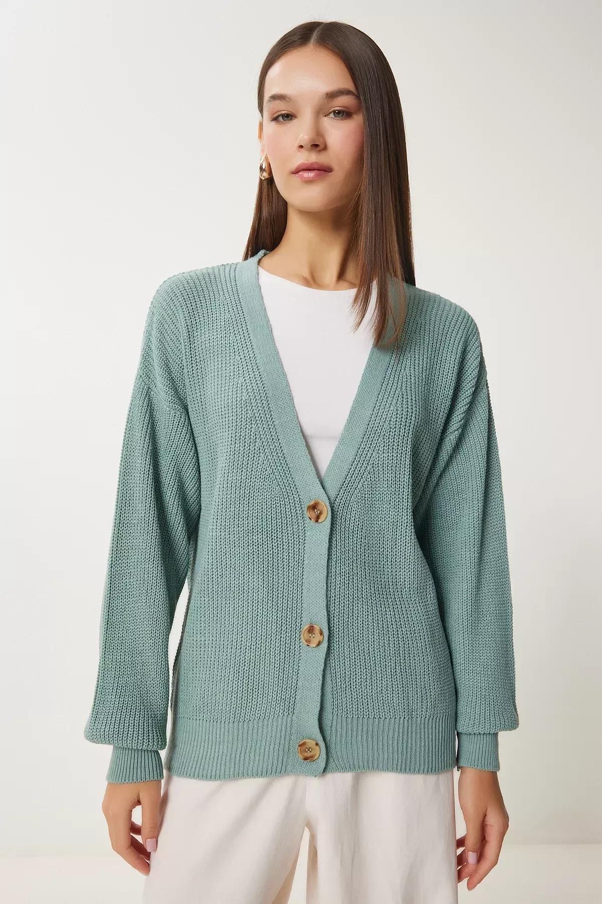 Green V-Neck Buttoned Cardigan, CAGLA GREEN, large image number 4