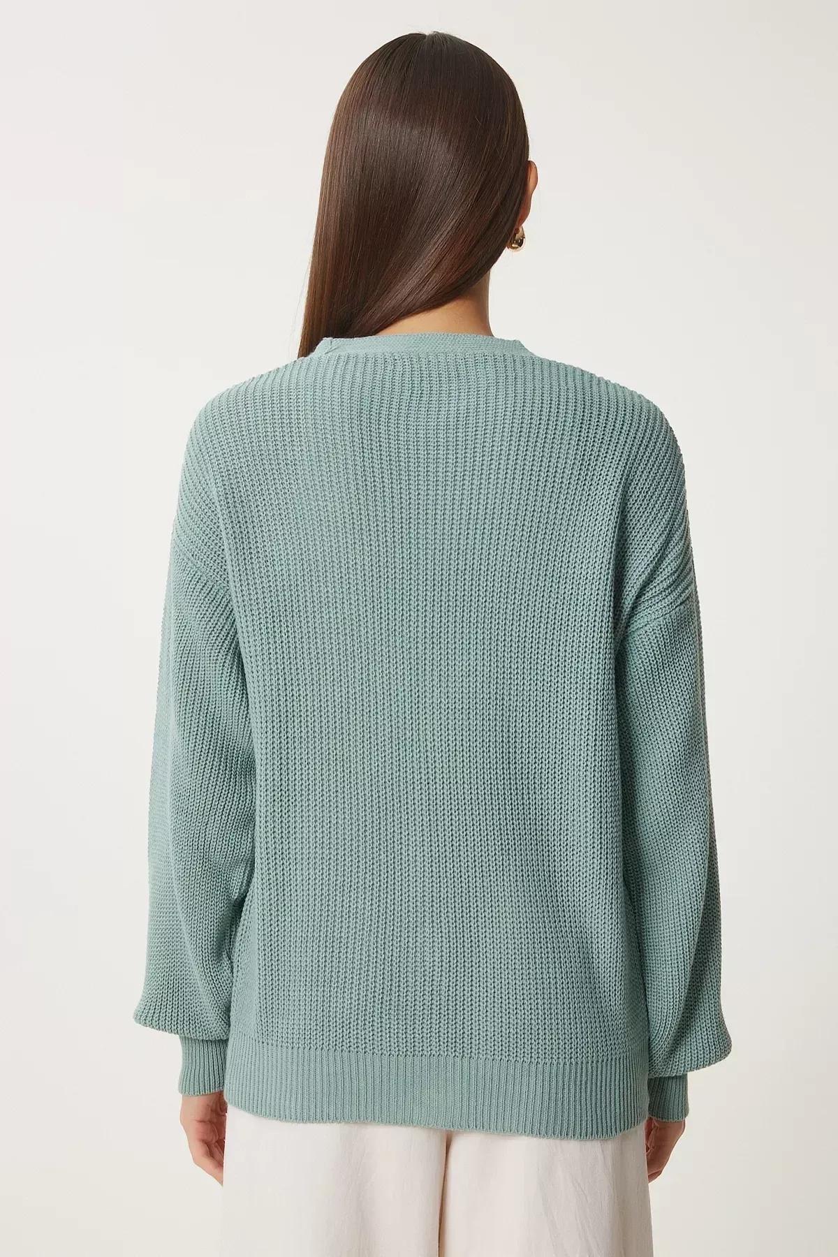 Green V-Neck Buttoned Cardigan, CAGLA GREEN, large image number 5