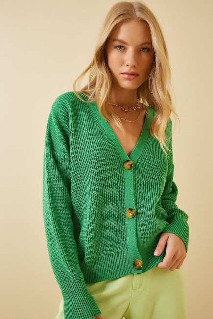 Happiness - Green V-Neck Buttoned Cardigan