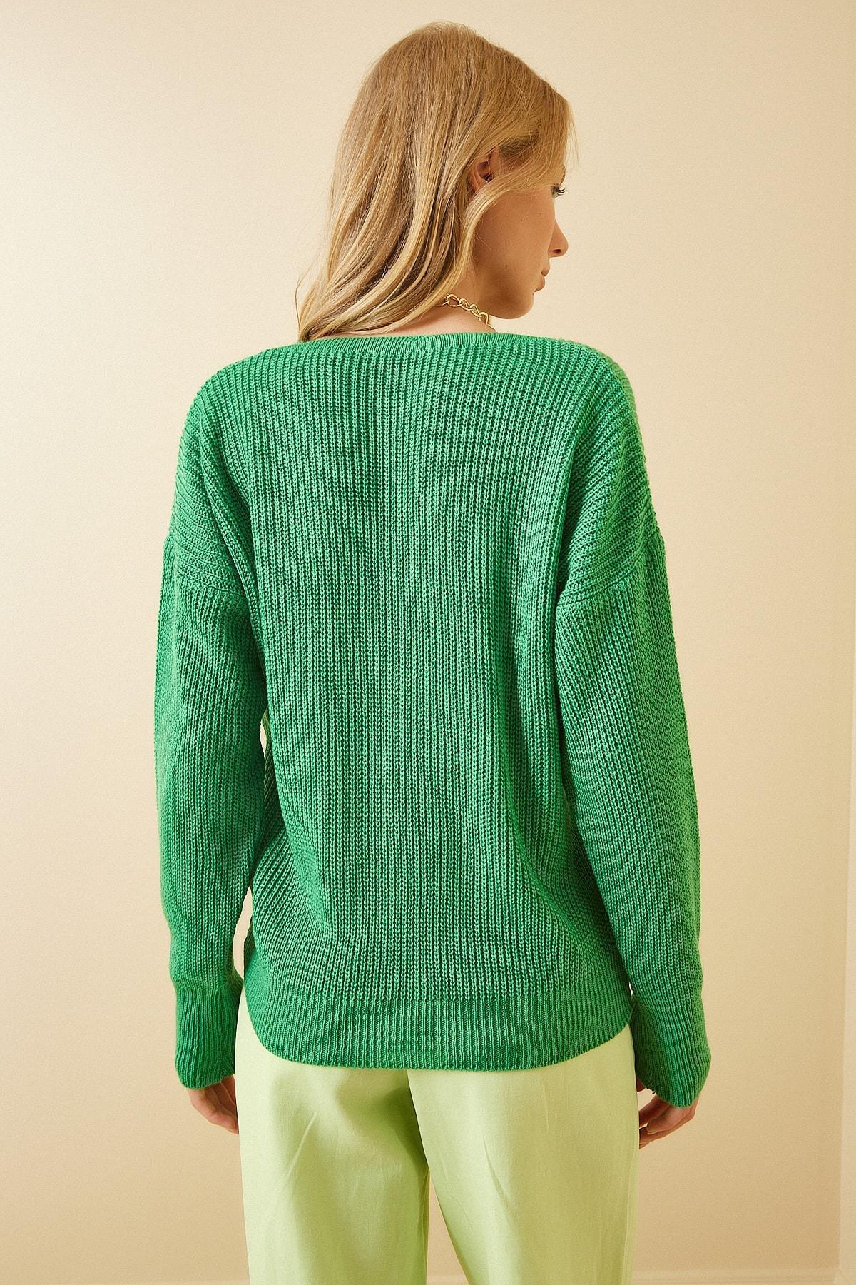 Happiness Istanbul - Green V-Neck Buttoned Cardigan