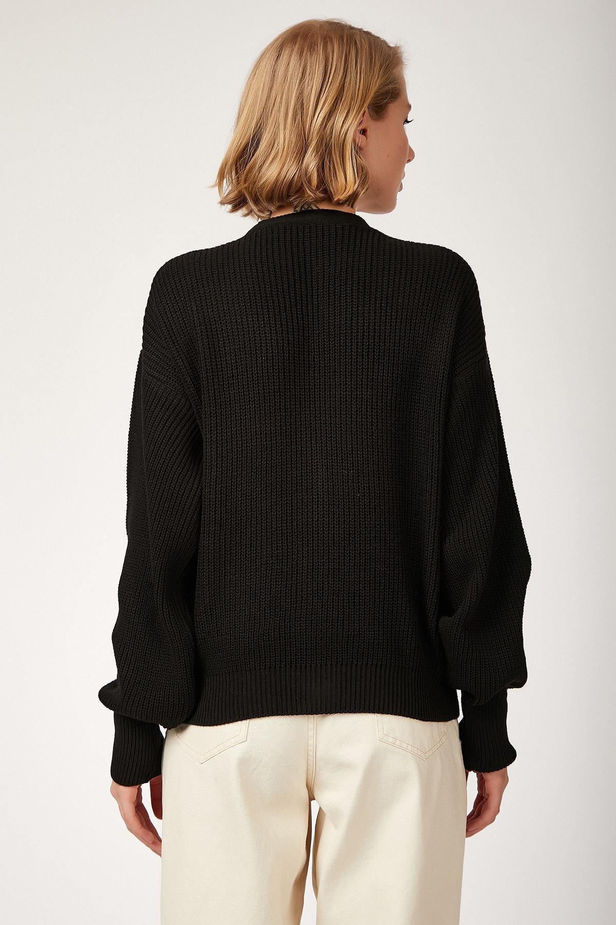 Black V-Neck Buttoned Cardigan, BLACK, large image number 1