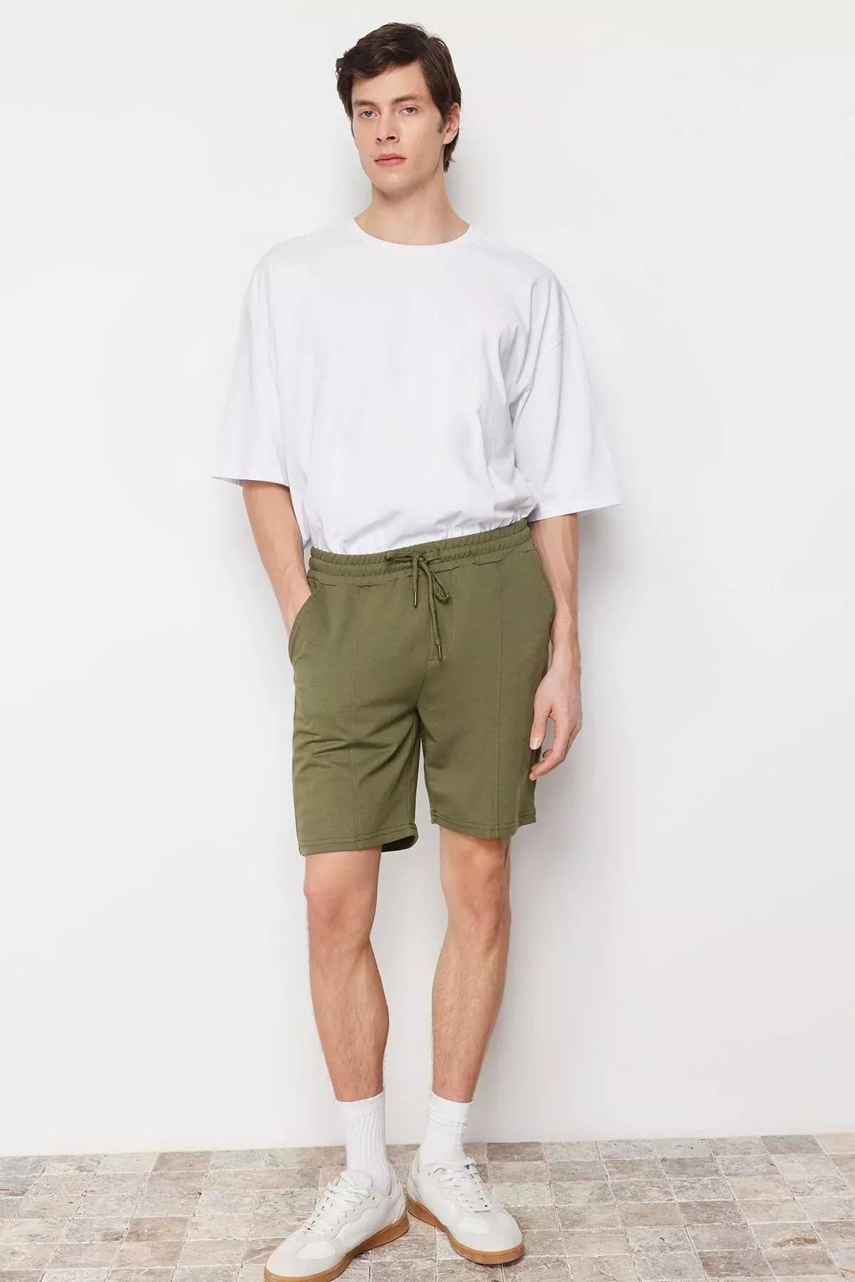 Khaki Mid Waist Shorts, , large image number 1