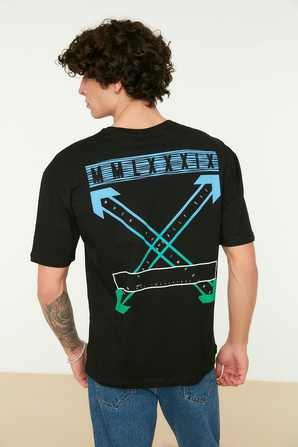 Black Relaxed Printed Crew Neck T-Shirt, , large image number 0