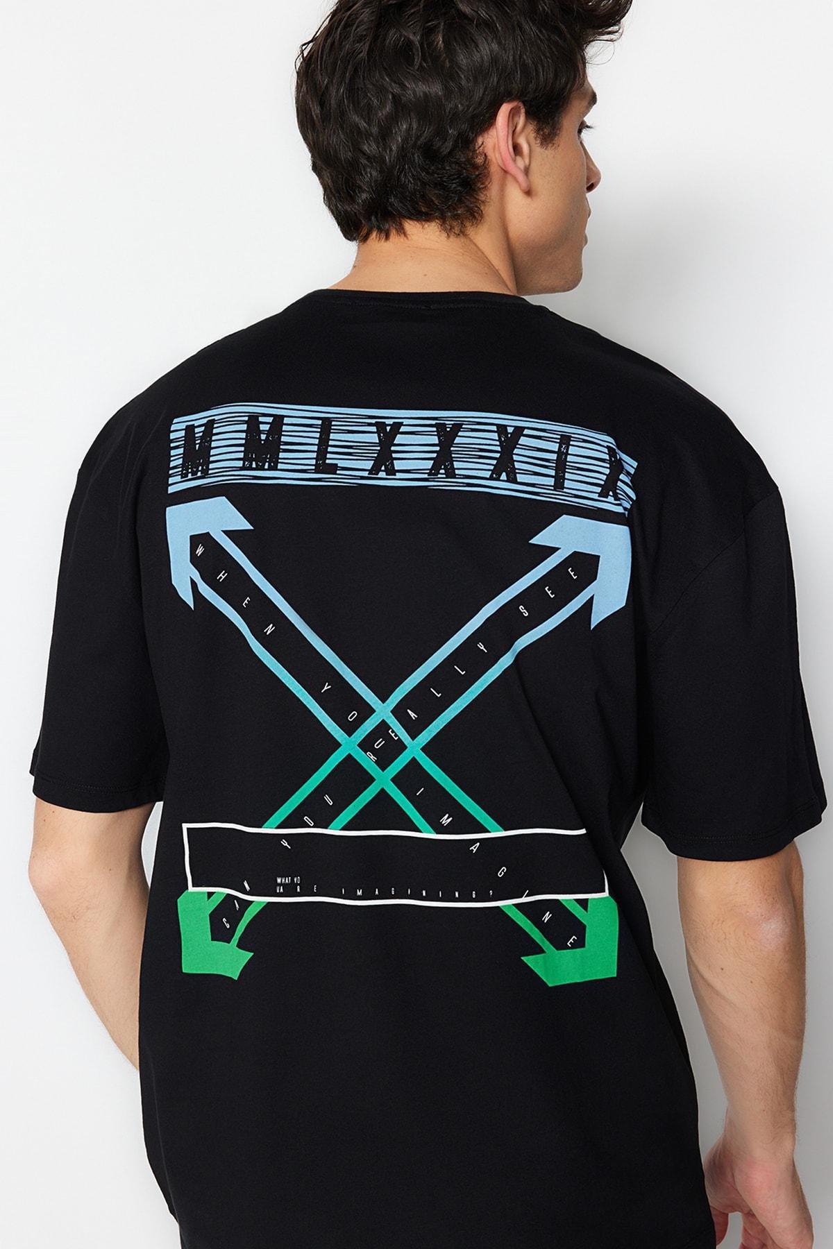 Black Relaxed Printed Crew Neck T-Shirt, , large image number 1
