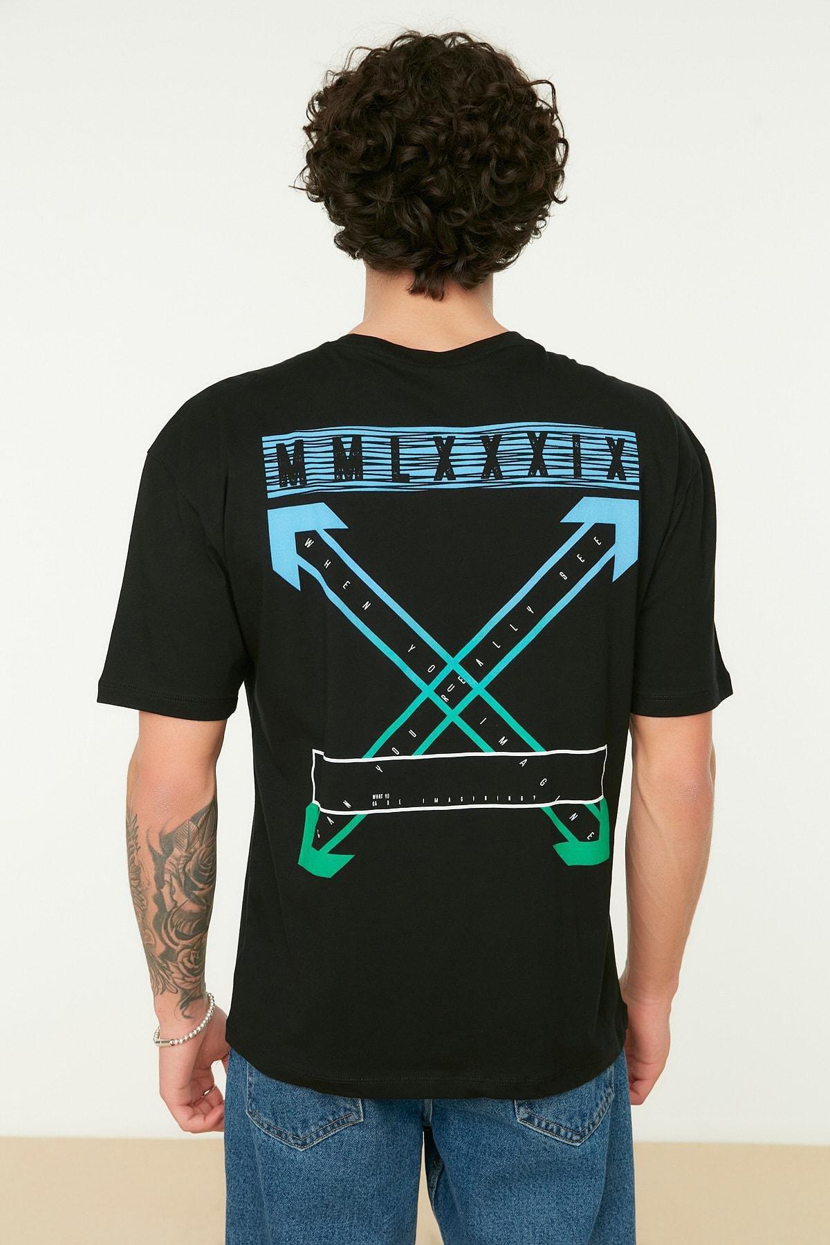 Black Relaxed Printed Crew Neck T-Shirt, , large image number 2