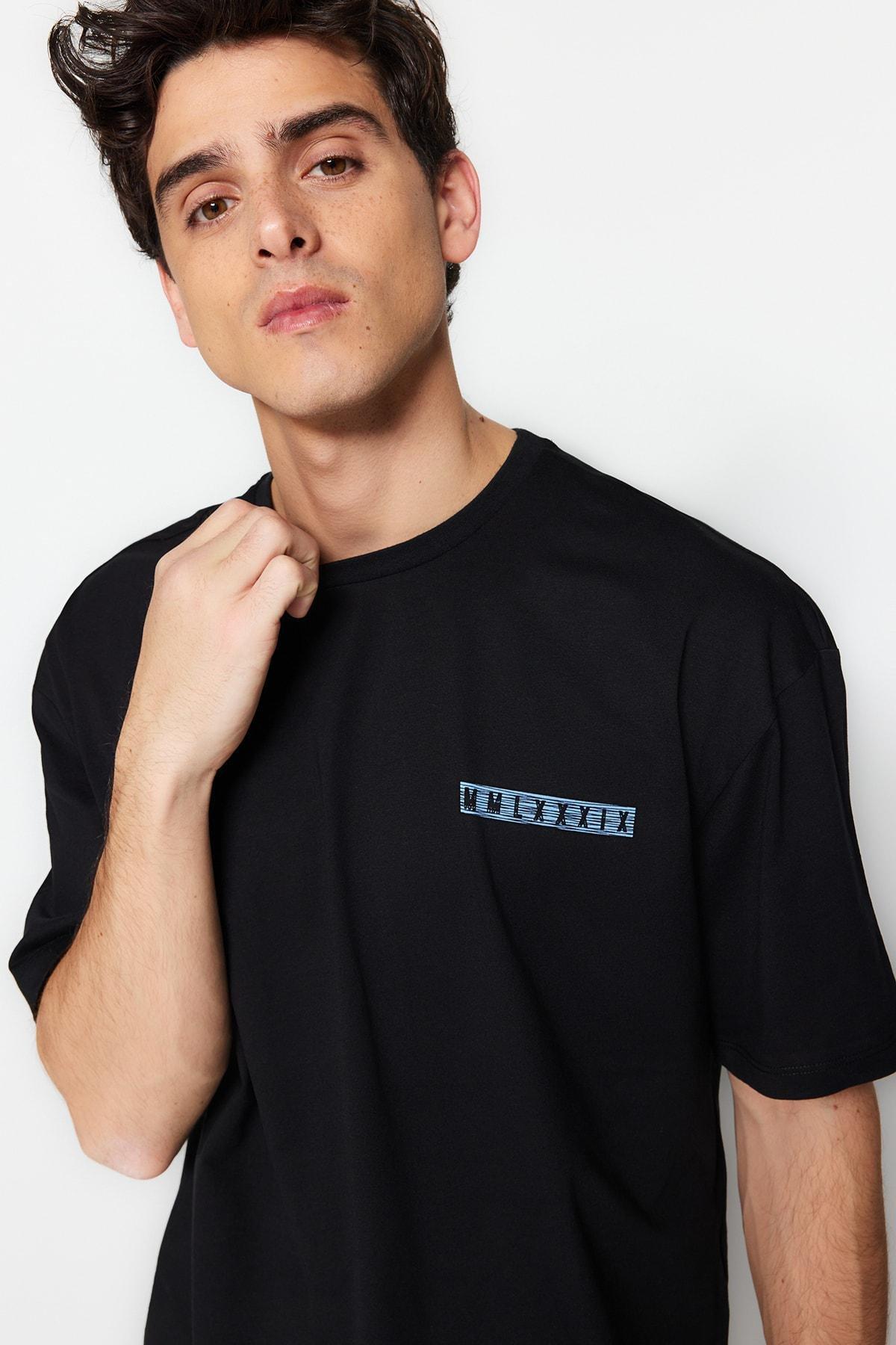 Black Relaxed Printed Crew Neck T-Shirt, , large image number 5