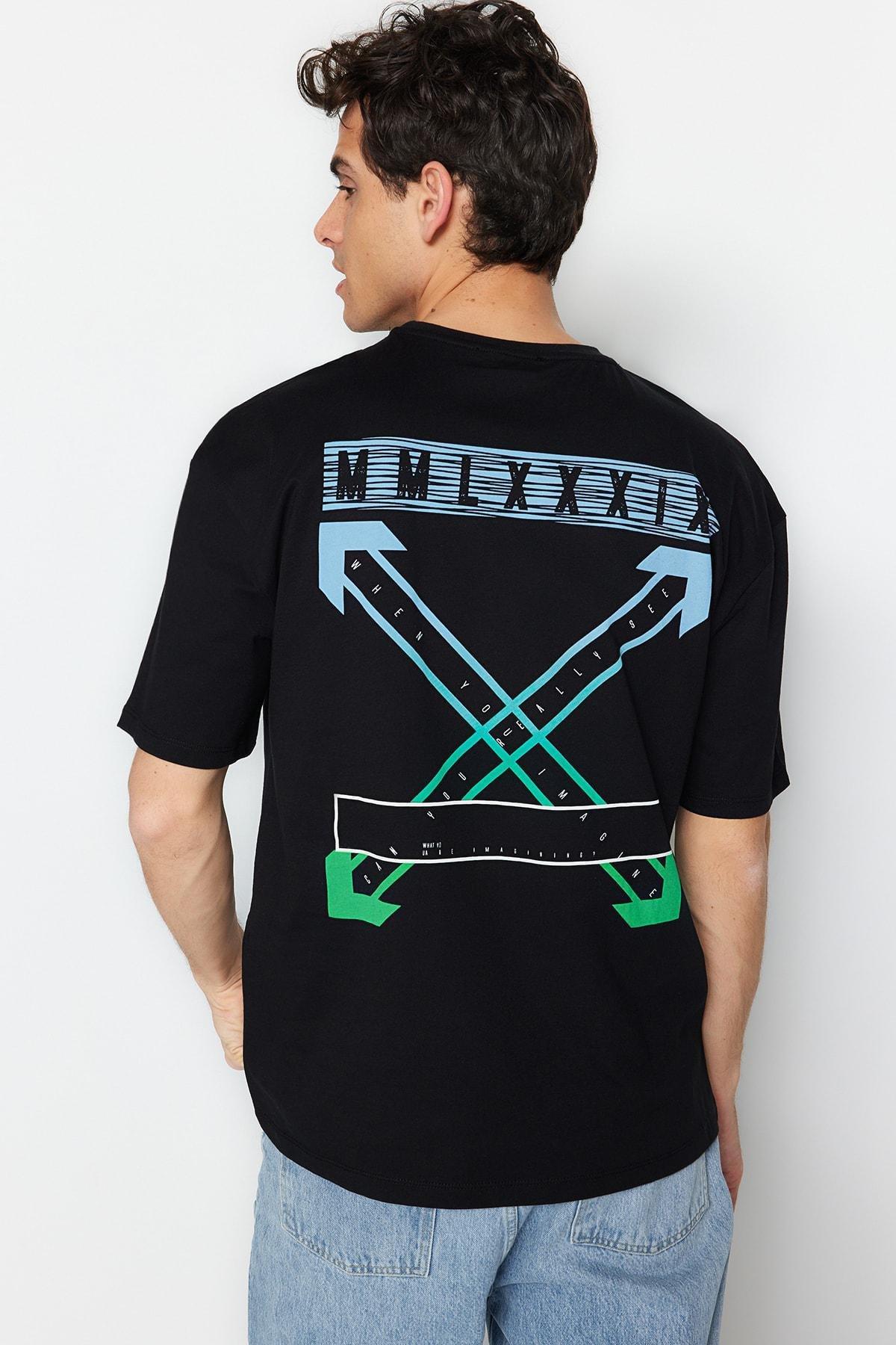 Black Relaxed Printed Crew Neck T-Shirt, , large image number 6