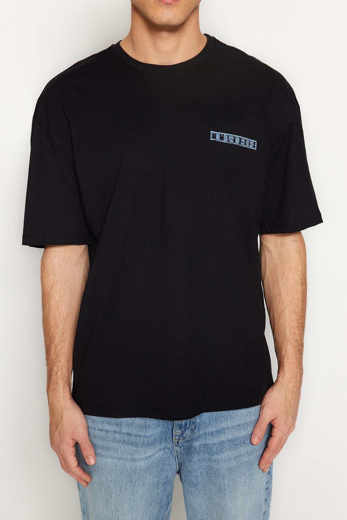 Black Relaxed Printed Crew Neck T-Shirt, , large image number 7