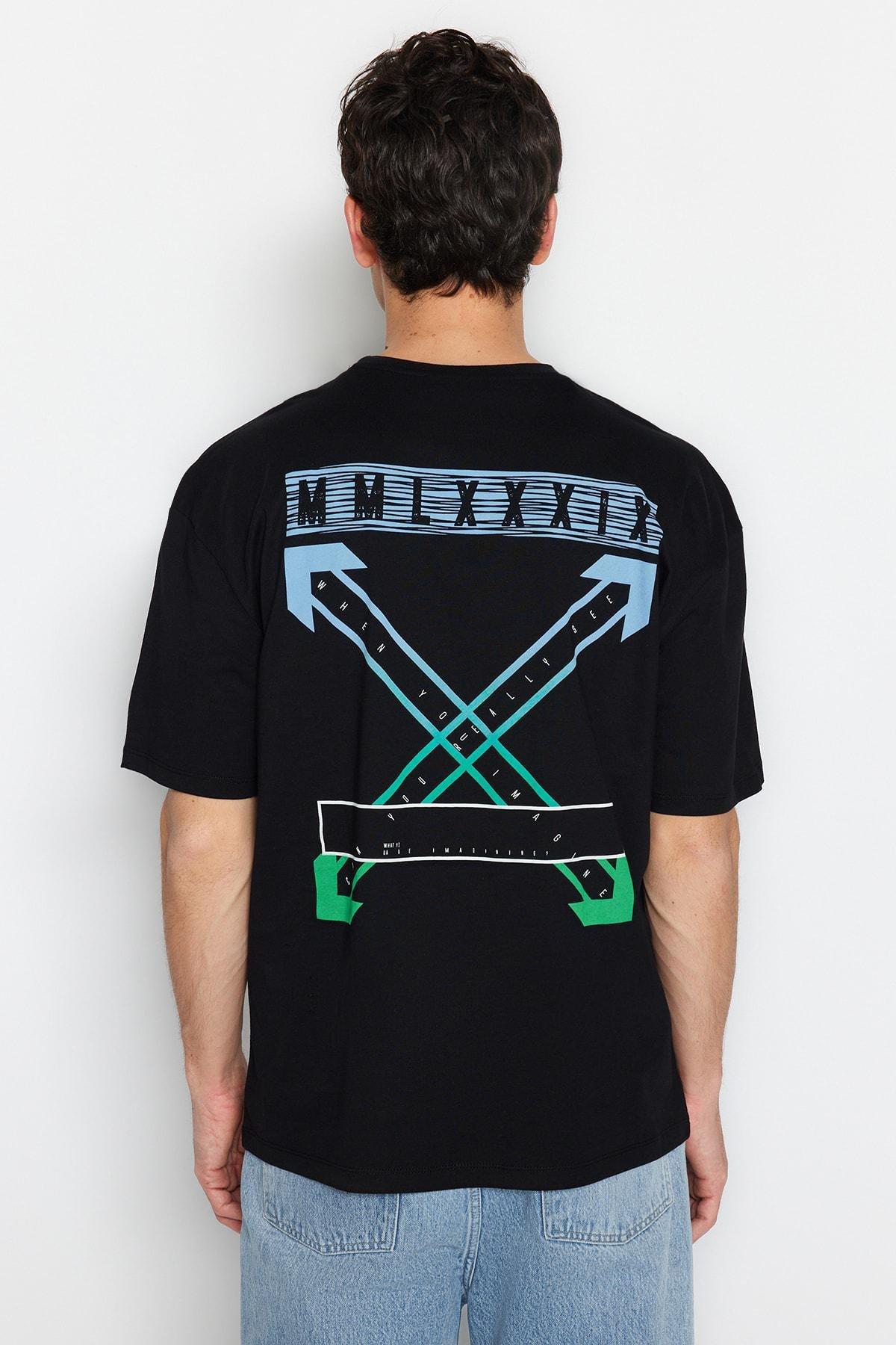 Black Relaxed Printed Crew Neck T-Shirt, , large image number 8