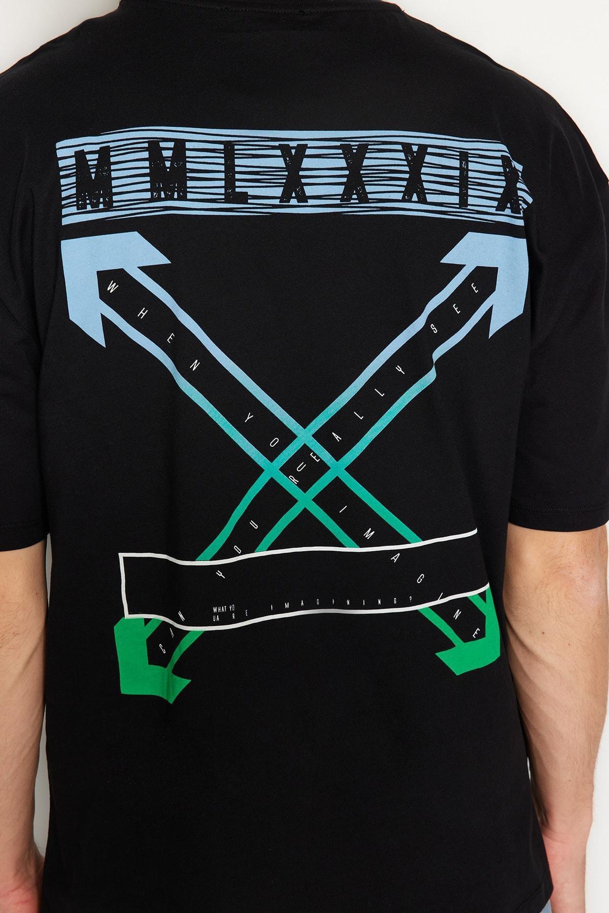 Black Relaxed Printed Crew Neck T-Shirt, , large image number 9