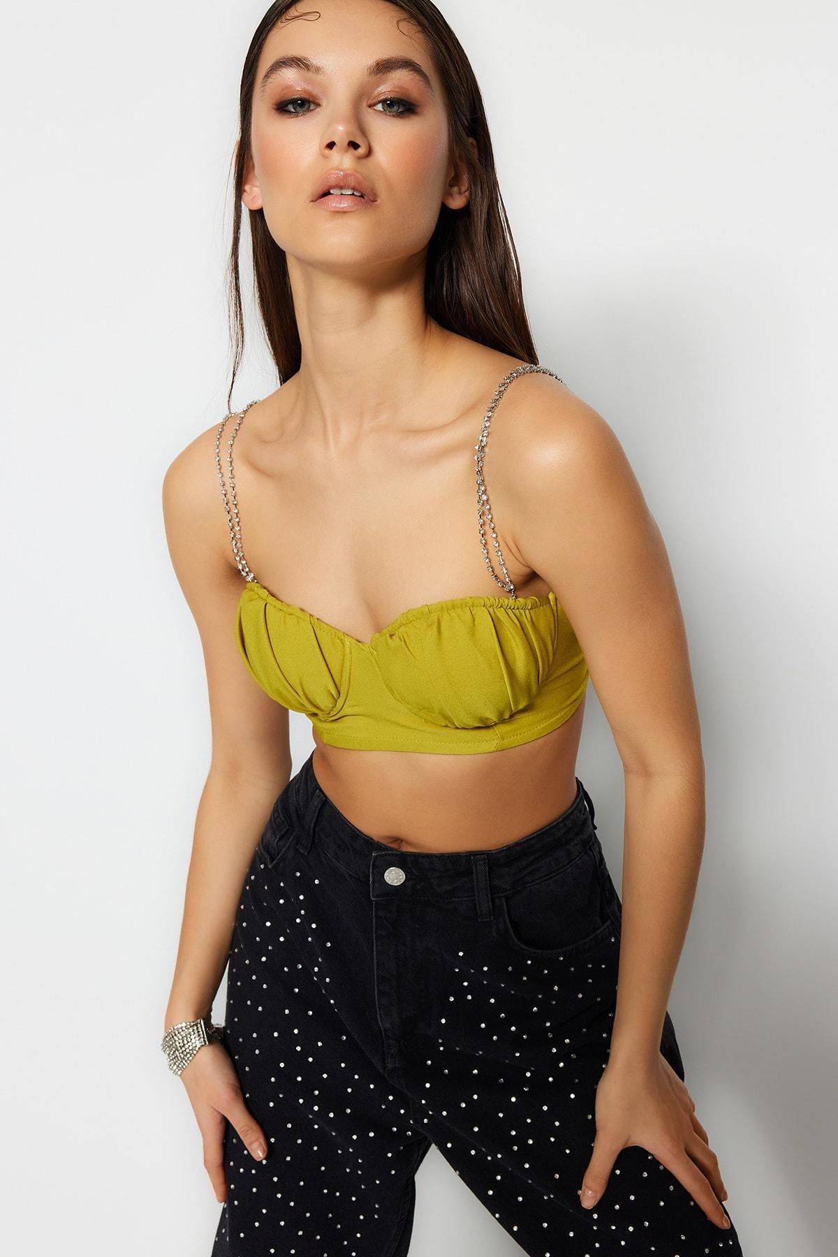 Green Shiny Stone Crop Top, , large image number 0