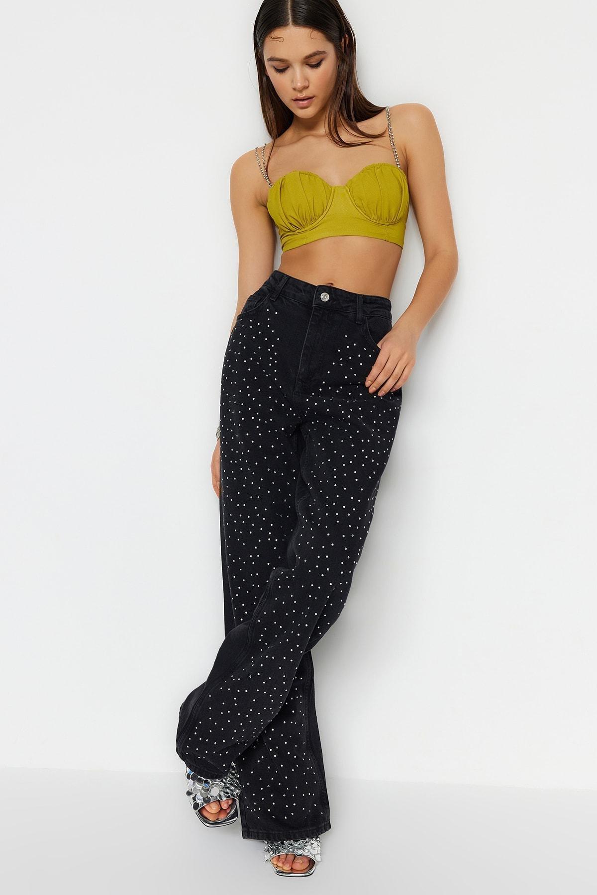 Green Shiny Stone Crop Top, , large image number 1