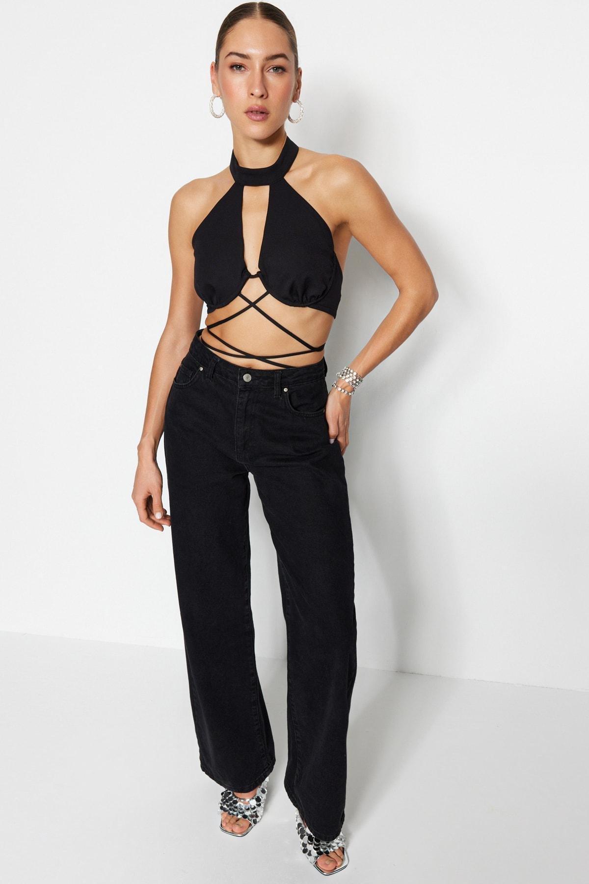 Black Halter Neck Cropped Top, , large image number 2