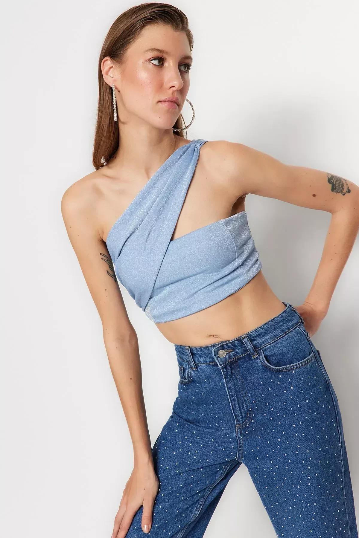 Blue Knitted Shiny Crop Top, Blue, large image number 0