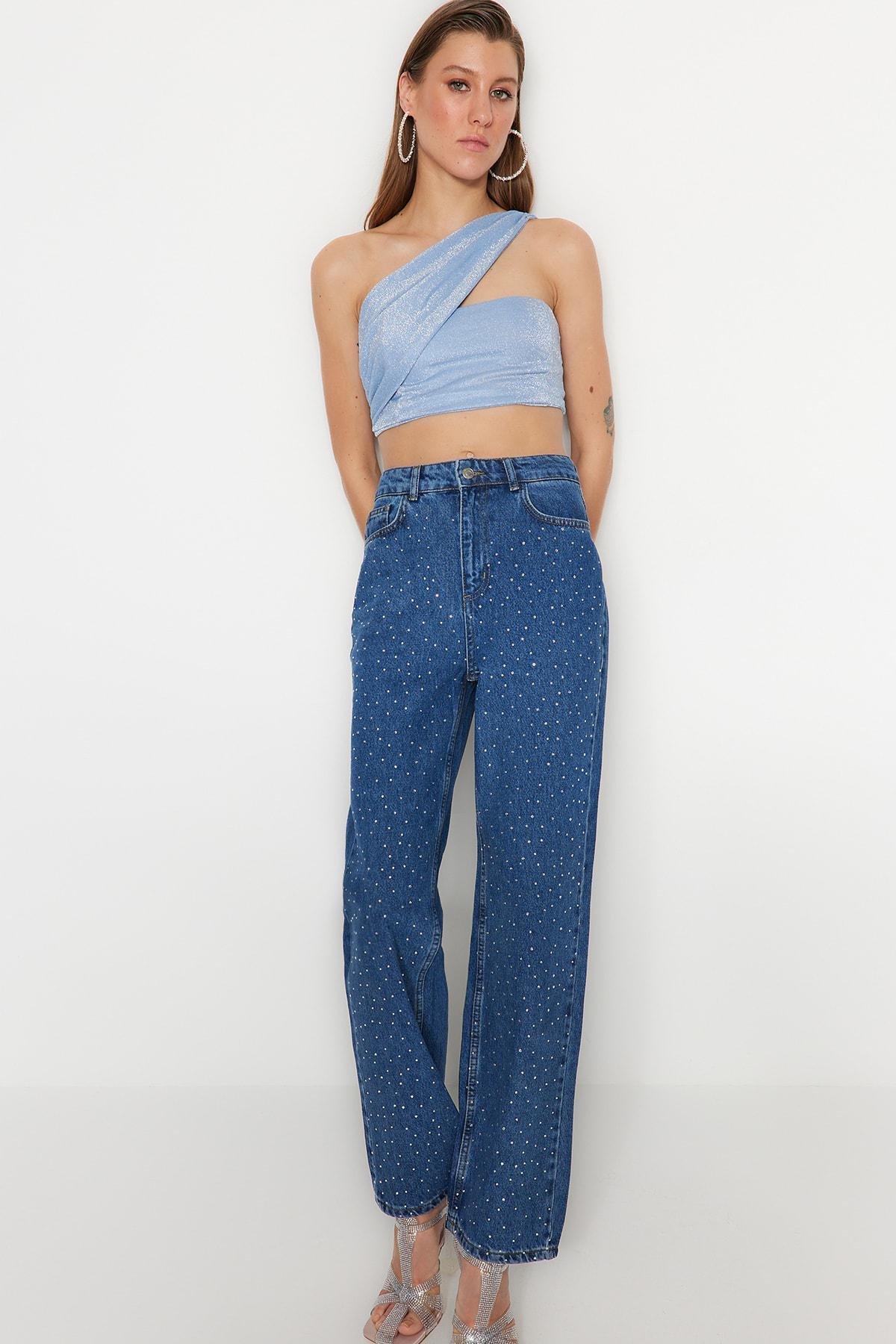 Blue Knitted Shiny Crop Top, , large image number 2