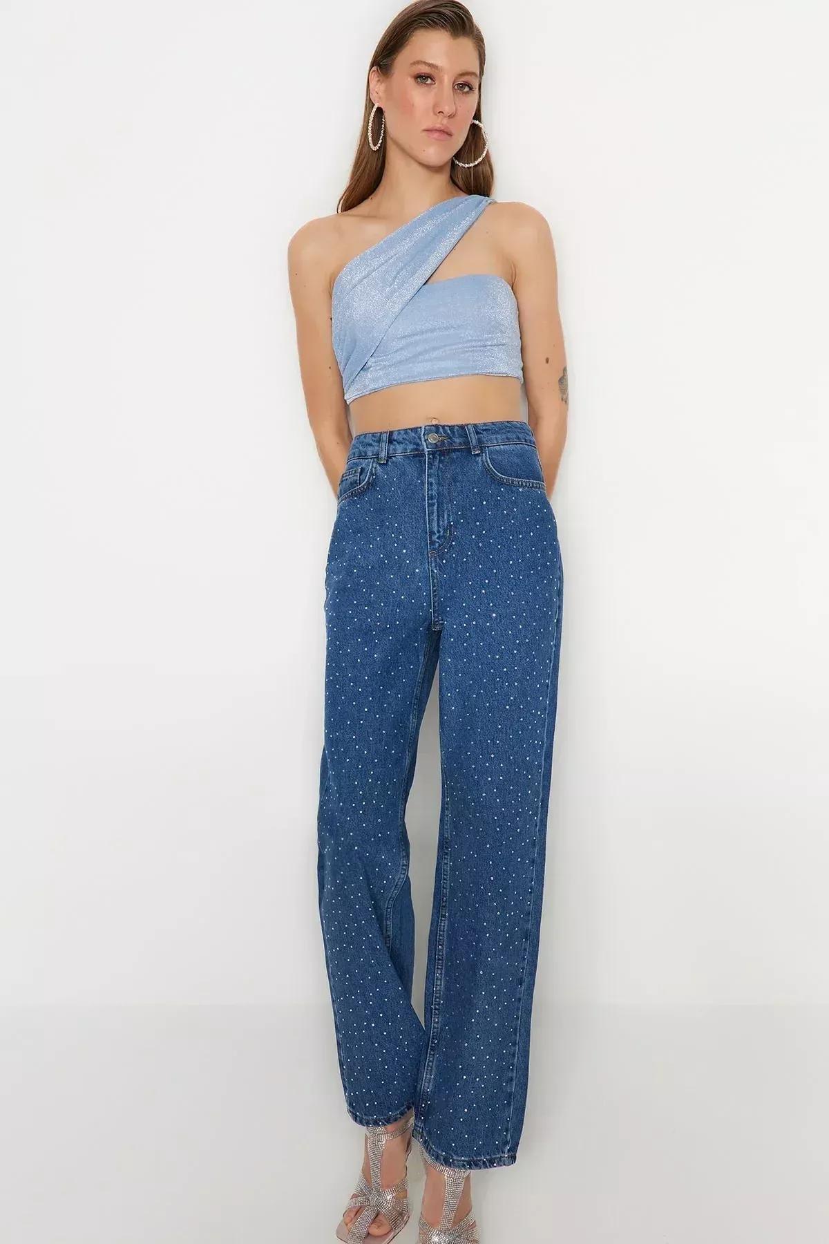 Blue Knitted Shiny Crop Top, Blue, large image number 2