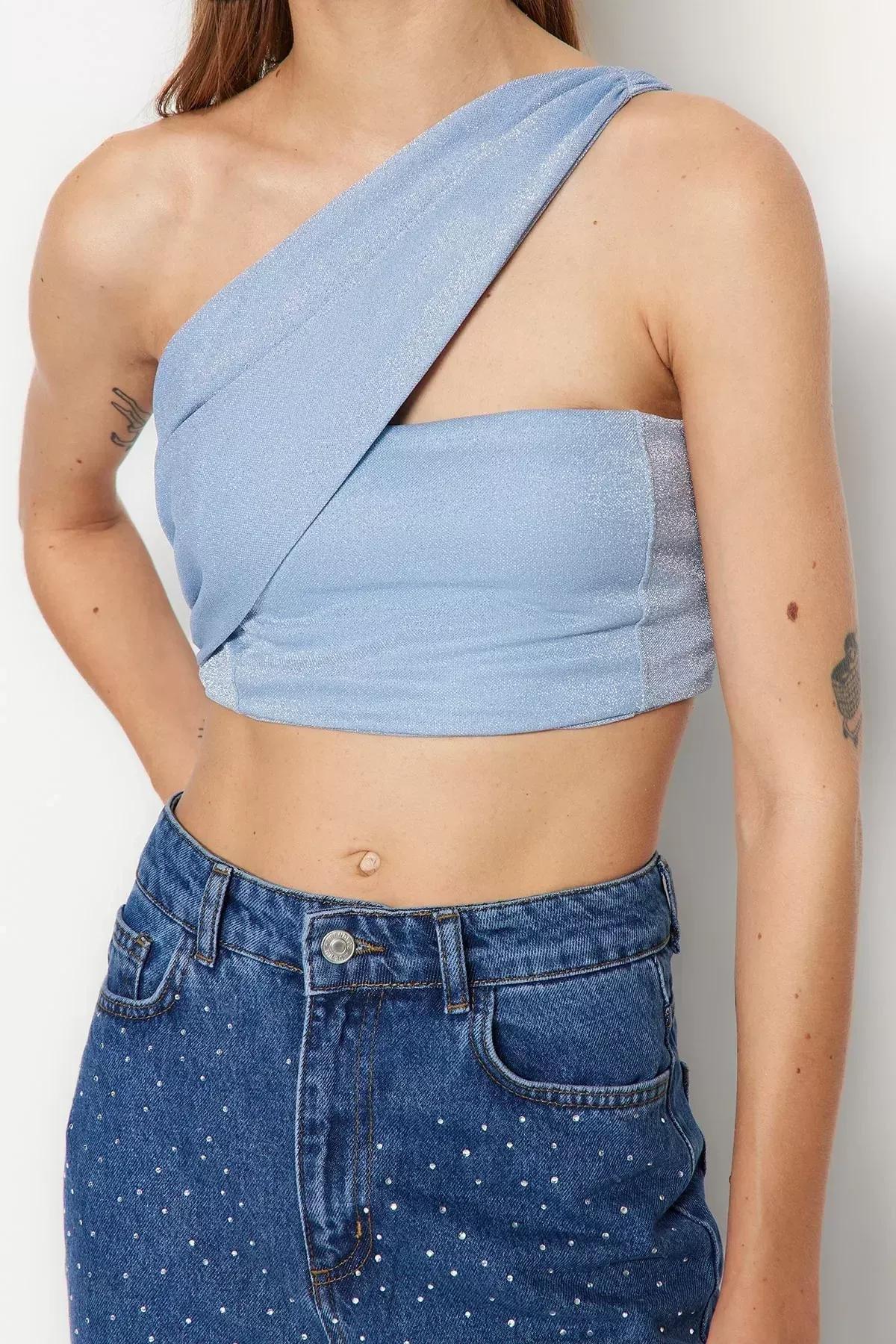 Blue Knitted Shiny Crop Top, Blue, large image number 3