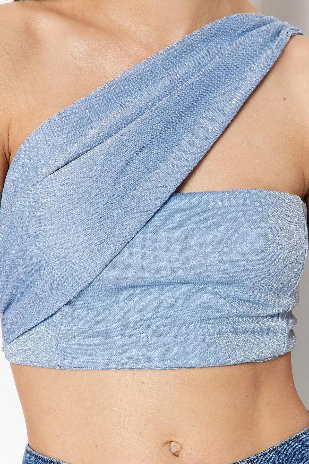 Blue Knitted Shiny Crop Top, Blue, large image number 4