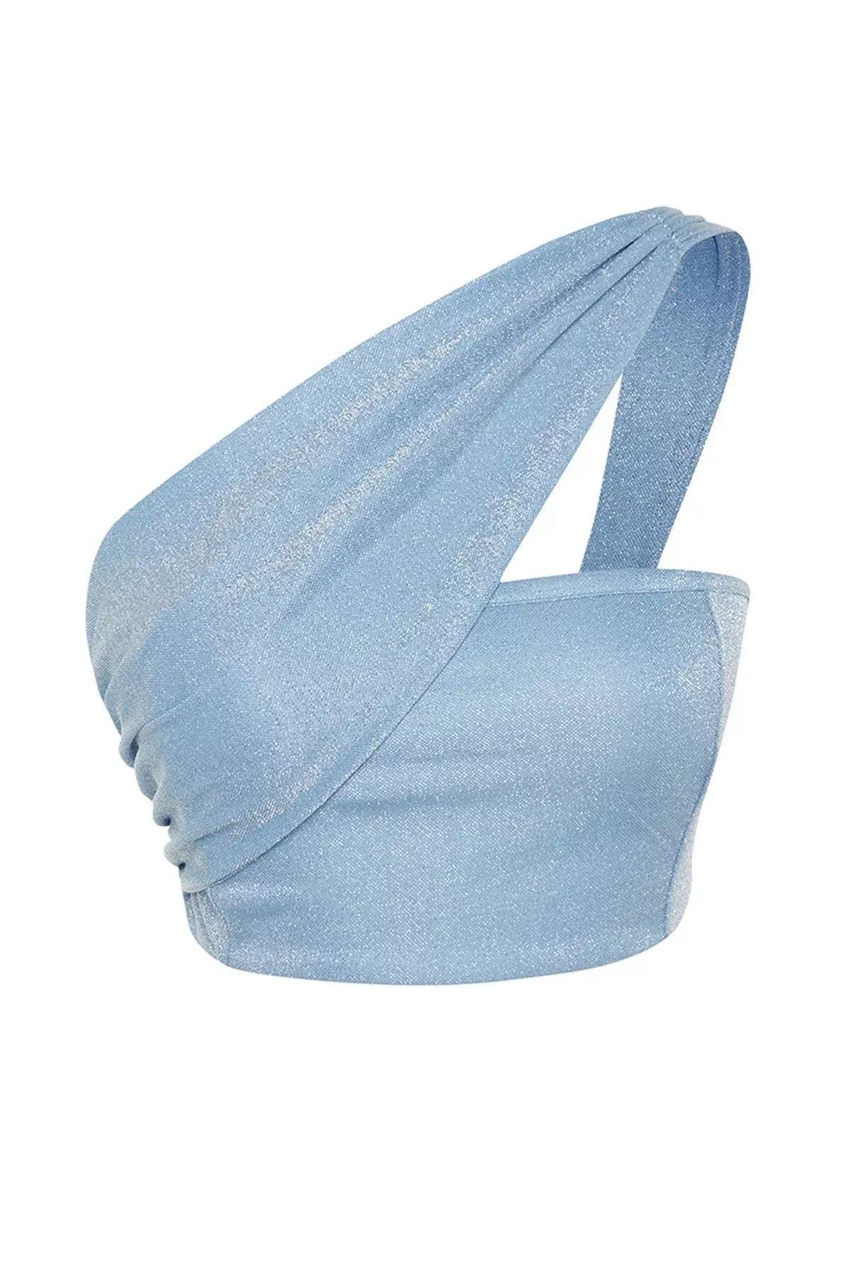 Blue Knitted Shiny Crop Top, Blue, large image number 5