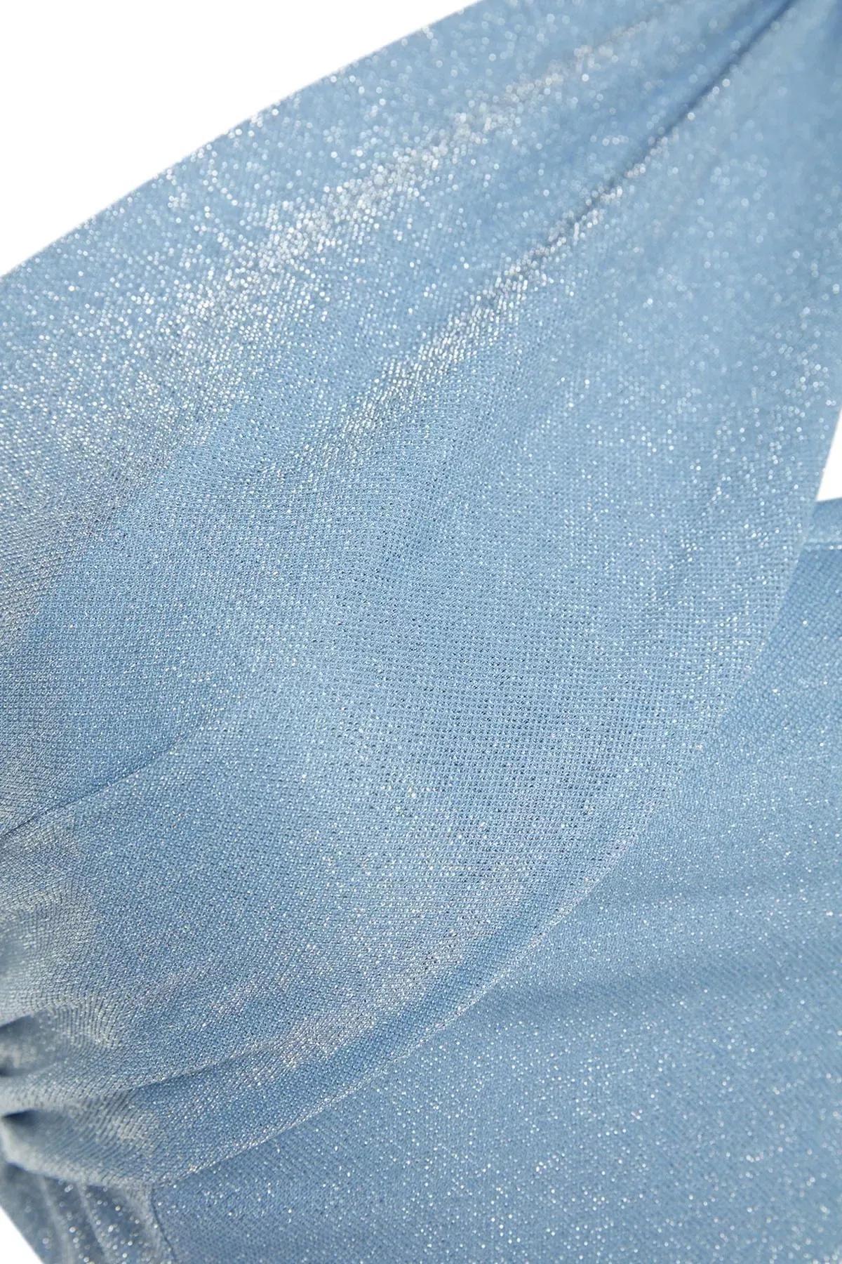 Blue Knitted Shiny Crop Top, Blue, large image number 6