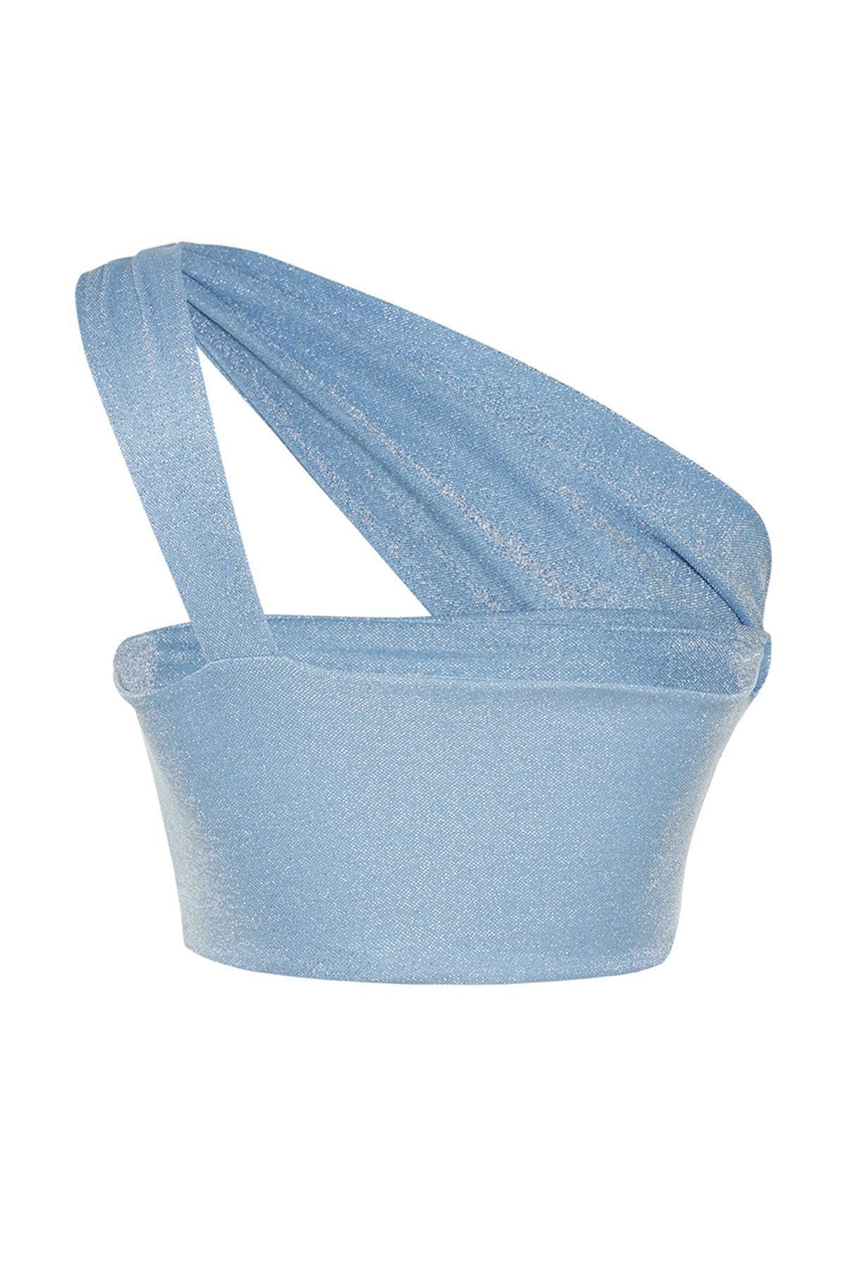Blue Knitted Shiny Crop Top, , large image number 7