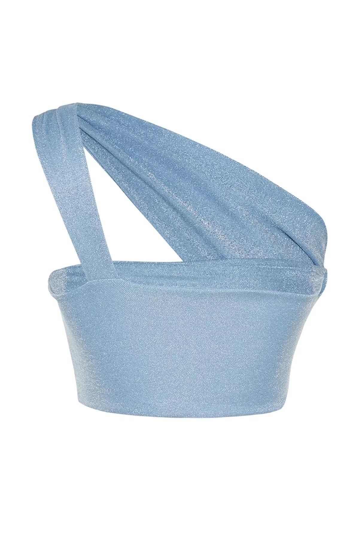 Blue Knitted Shiny Crop Top, Blue, large image number 7