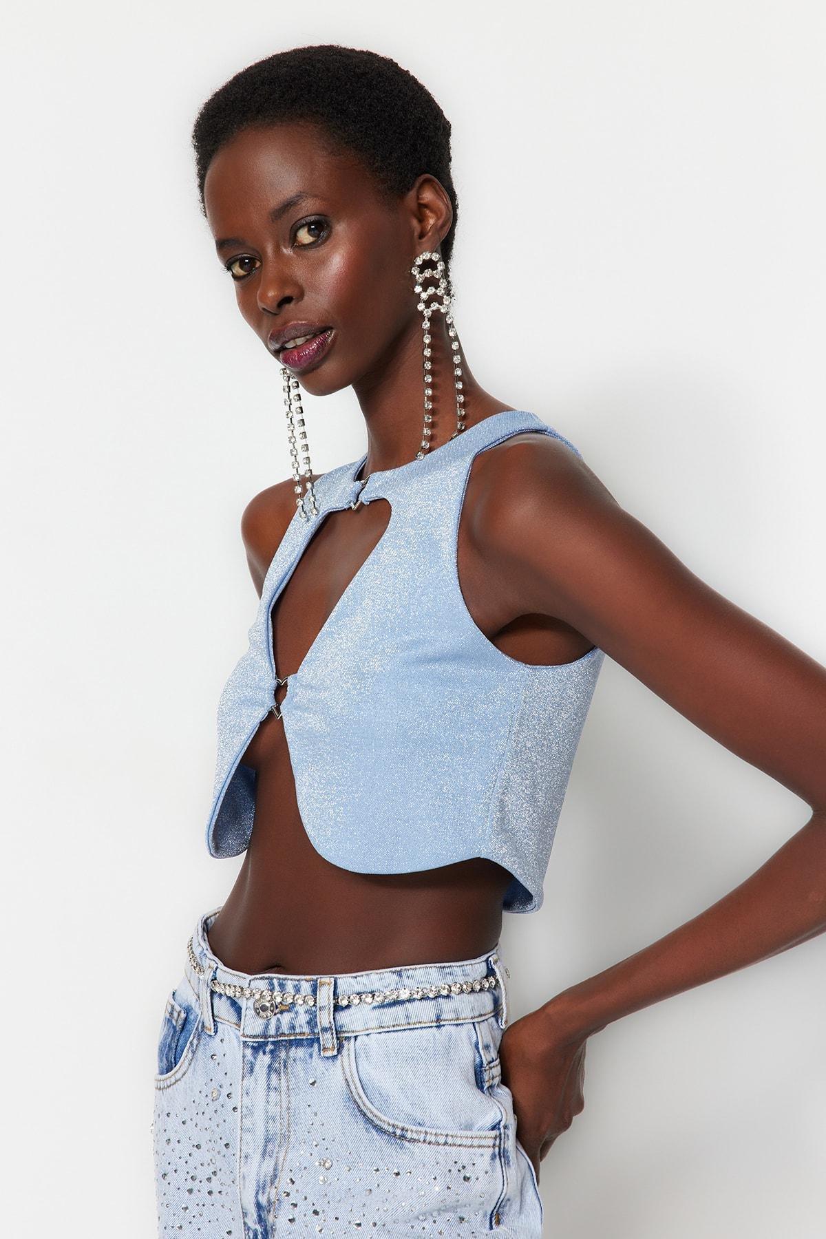 Blue Cut Out Detailed Crop Top, , large image number 1